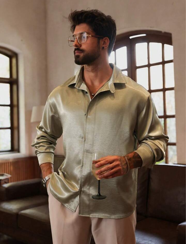 Men's Solid Green Casual Party Shirt, Spring/Summer Long Sleeve